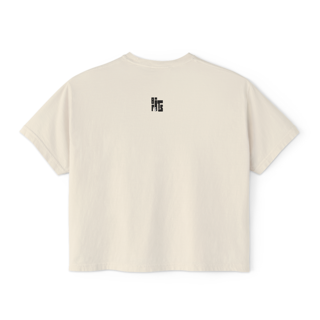 Beige t-shirt with a black logo on the back against a white background