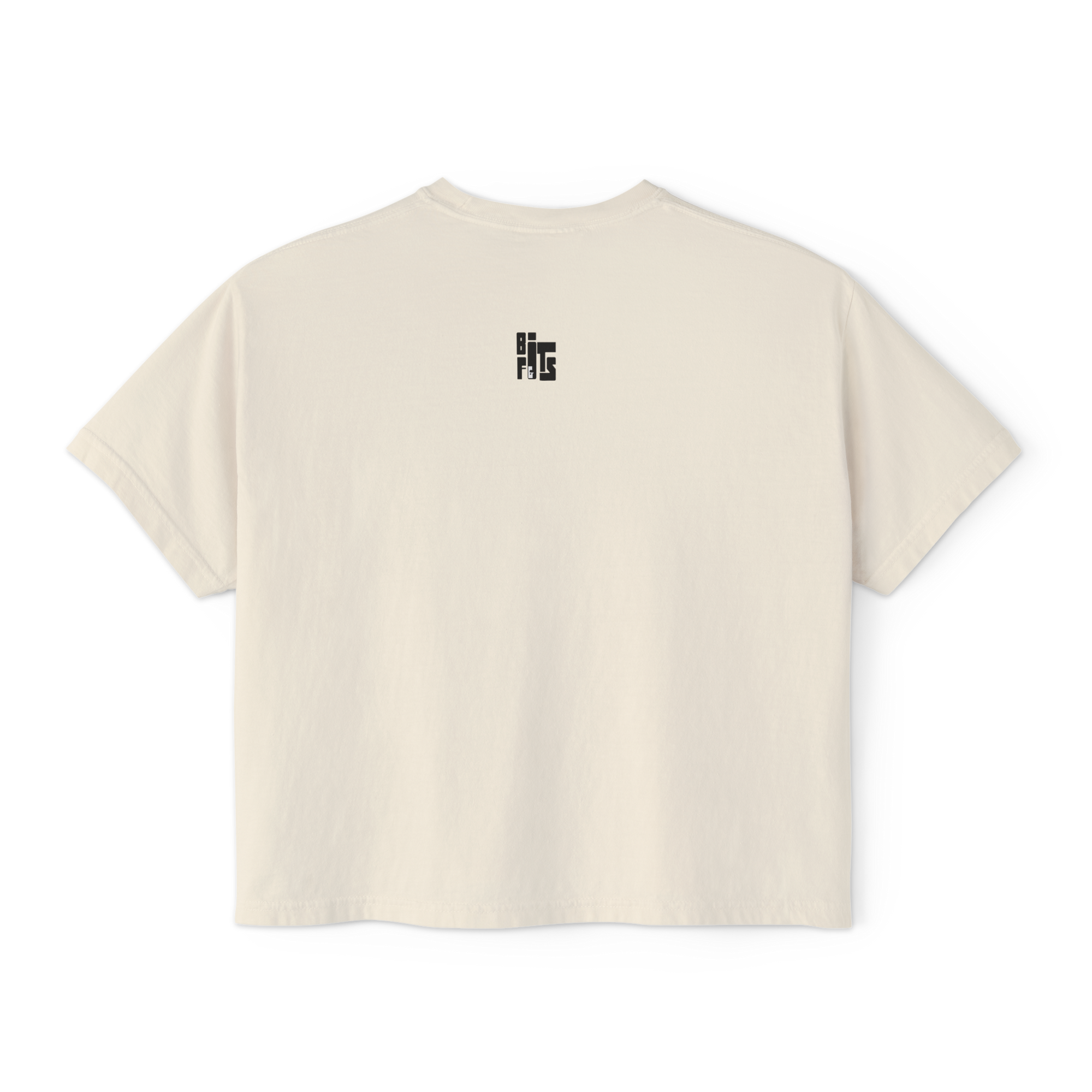 Beige t-shirt with a black logo on the back against a white background
