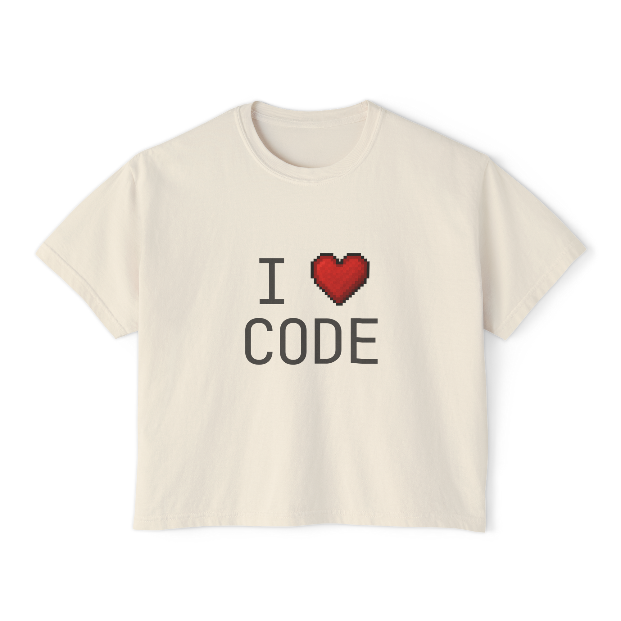 Ivory t-shirt with 'I ❤️ CODE' text on a white background