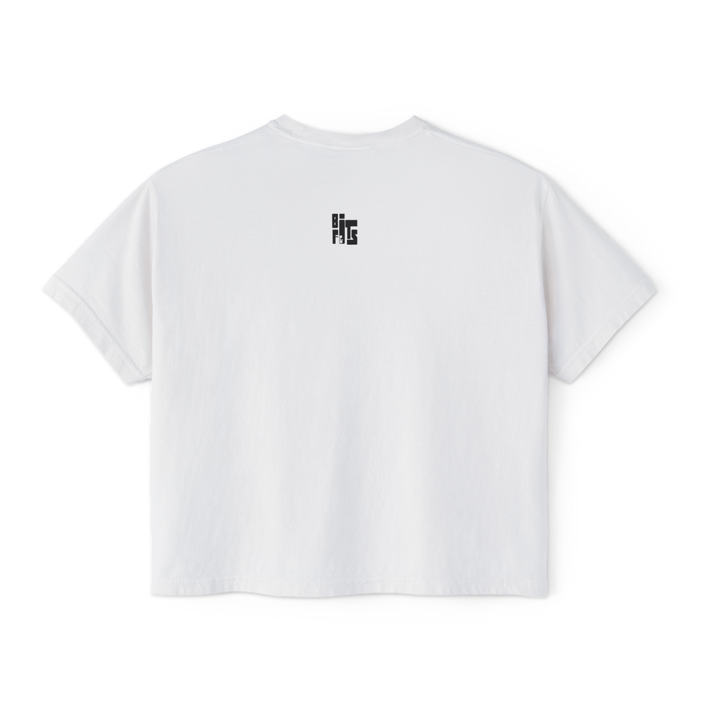 White t-shirt with a black logo on the back against a white background