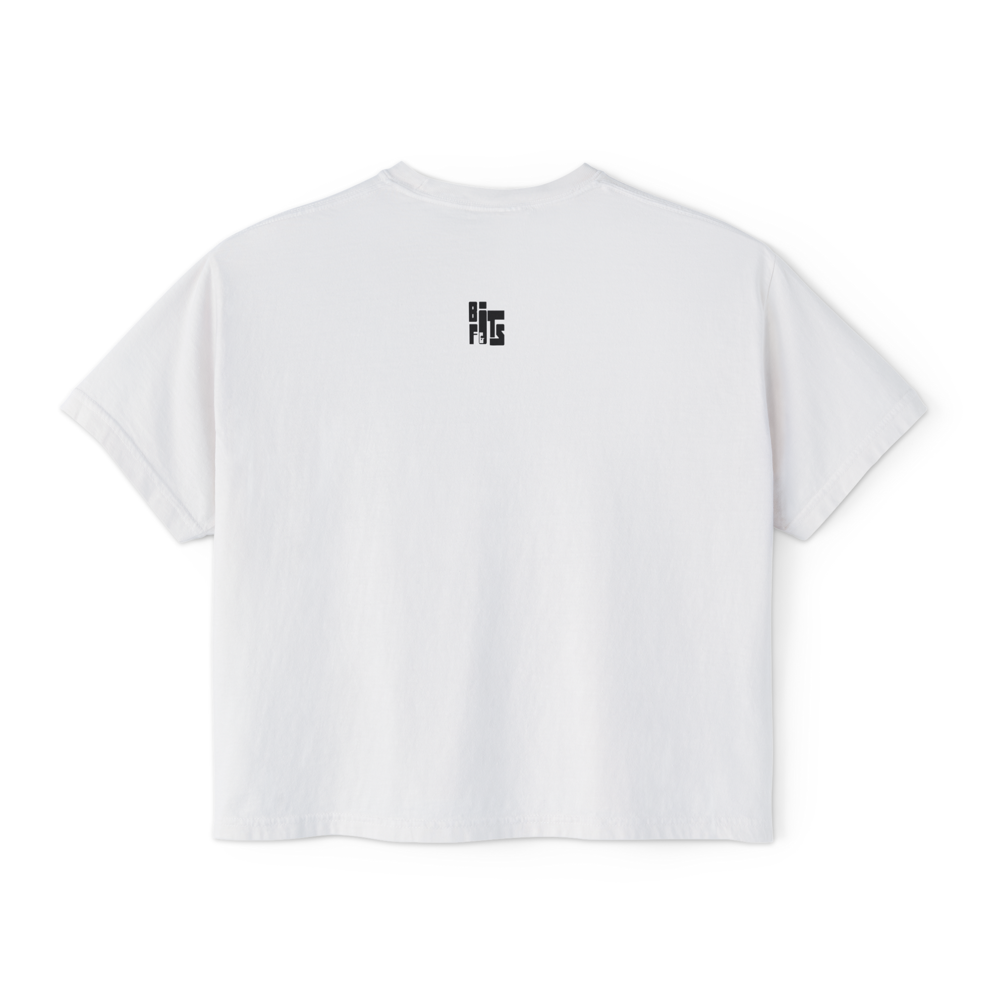 White t-shirt with a black logo on the back against a white background